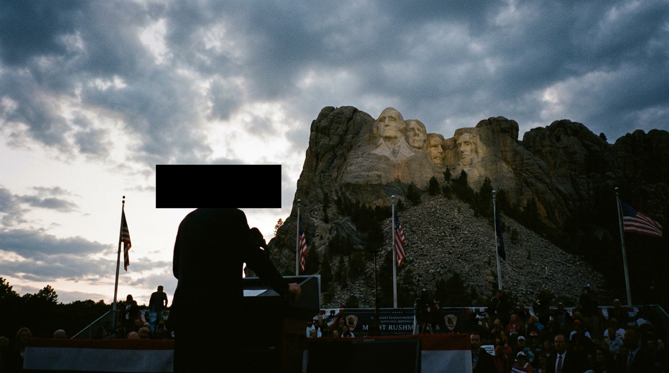 A silhouetted figure at a podium before Mount Rushmore, with a black censorship bar over the head.